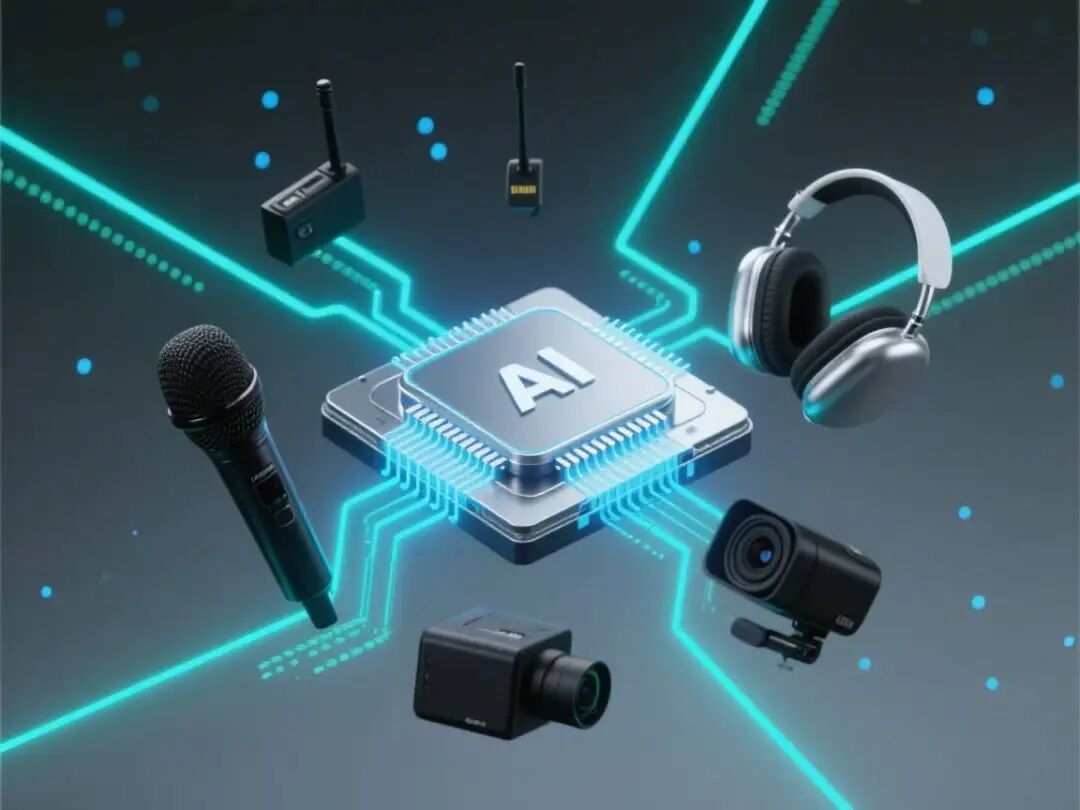 AI与音视频设备结合的科技感图片，现代商务风，主色调RGB(35,165,167)